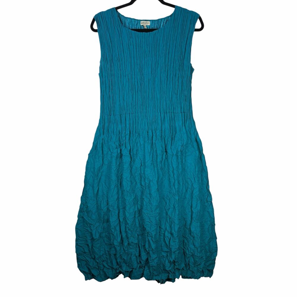 Alquema Sleeveless Smash Pocket Dress Peacock Size 2 (10-14) Crinkle Crush Artsy